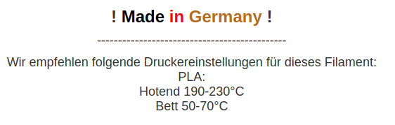 PLA Material Hotend 190-230 Grad ud Bett 50-70 Grad